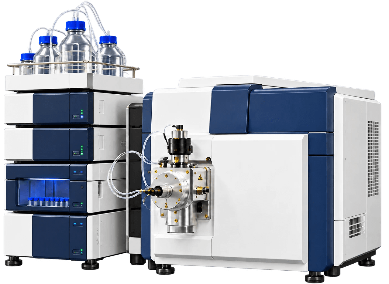 A liquid chromatography pump stack with solvent bottles beside a mass spectrometer