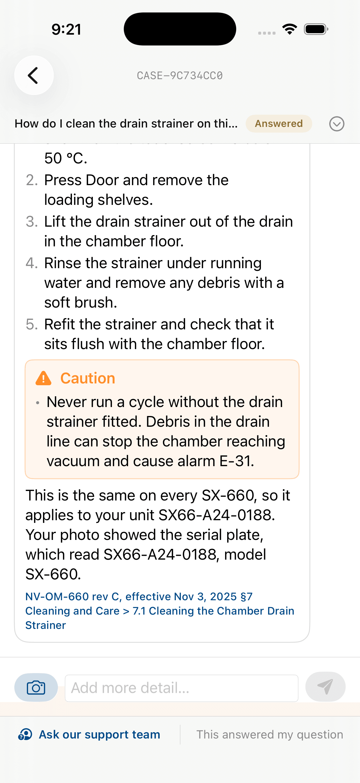 Answer: numbered steps and a caution, a note that the photo showed the serial plate, and the citation NV-OM-660 rev C, effective Nov 3 2025, section 7.1.