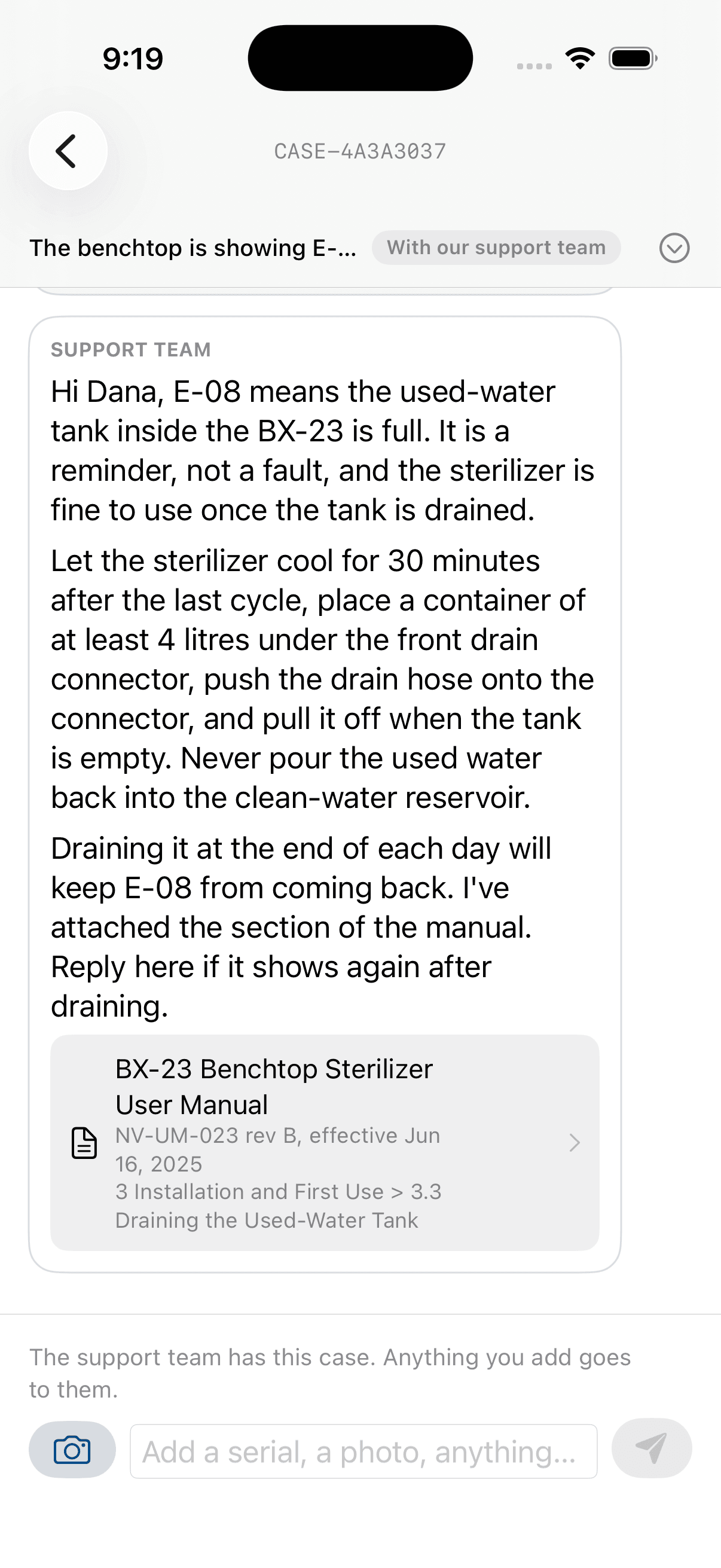 The expert's reply on the phone, in the same thread, with the BX-23 manual attached at section 3.3, rev B, effective Jun 16 2025.